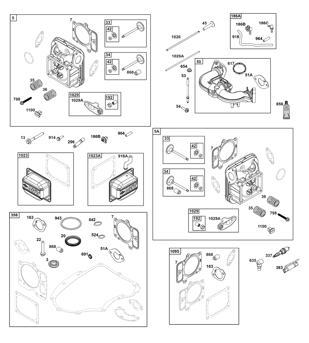 Cylinder Head Group Diagram and Parts List for 40N777-0035-B5 400000 - 699999 Briggs and Stratton Engine